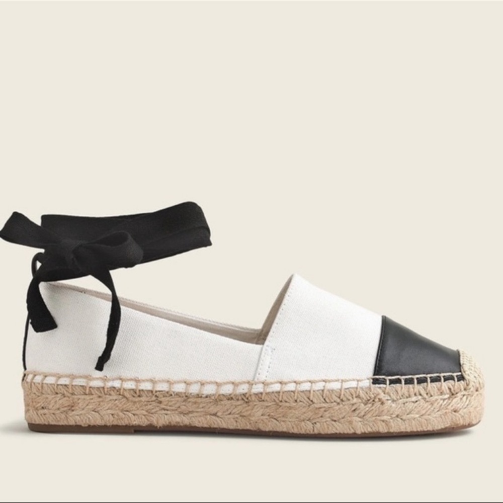 JCrew Ivory Canvas & Black Leather Espadrilles with Ribbon Ties
